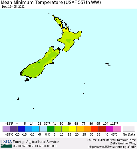 New Zealand Mean Minimum Temperature (USAF 557th WW) Thematic Map For 12/19/2022 - 12/25/2022