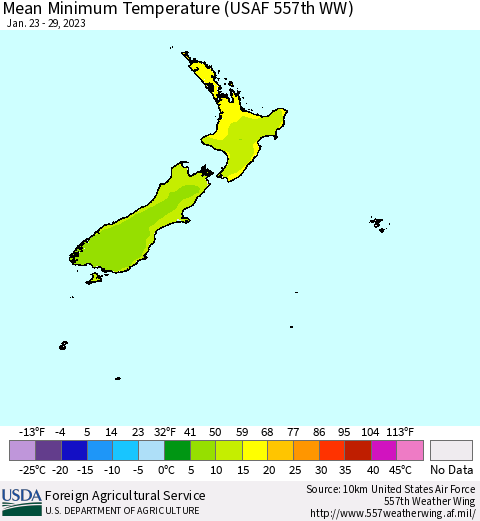 New Zealand Mean Minimum Temperature (USAF 557th WW) Thematic Map For 1/23/2023 - 1/29/2023
