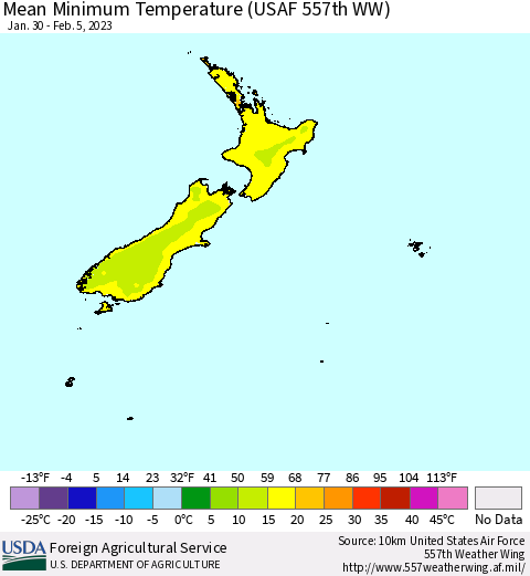 New Zealand Mean Minimum Temperature (USAF 557th WW) Thematic Map For 1/30/2023 - 2/5/2023
