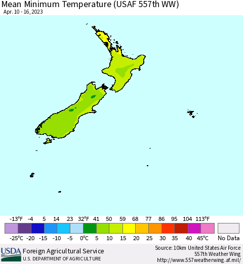 New Zealand Mean Minimum Temperature (USAF 557th WW) Thematic Map For 4/10/2023 - 4/16/2023