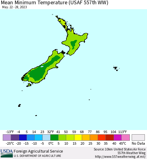 New Zealand Mean Minimum Temperature (USAF 557th WW) Thematic Map For 5/22/2023 - 5/28/2023