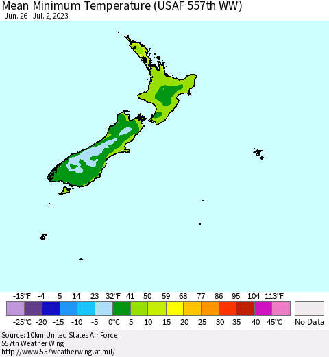 New Zealand Mean Minimum Temperature (USAF 557th WW) Thematic Map For 6/26/2023 - 7/2/2023