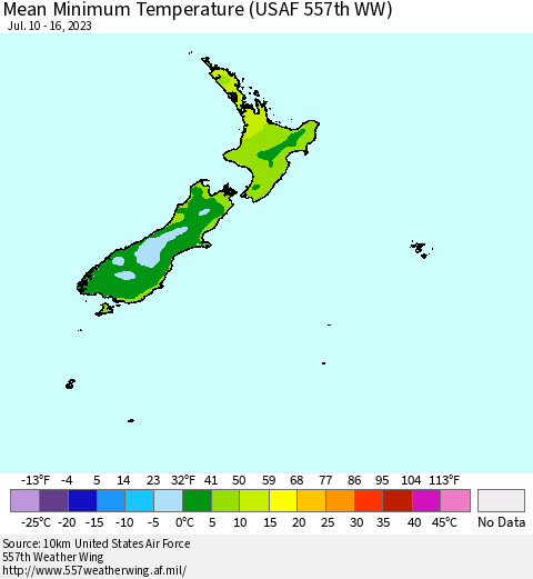New Zealand Mean Minimum Temperature (USAF 557th WW) Thematic Map For 7/10/2023 - 7/16/2023