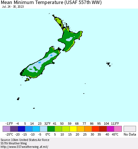New Zealand Mean Minimum Temperature (USAF 557th WW) Thematic Map For 7/24/2023 - 7/30/2023