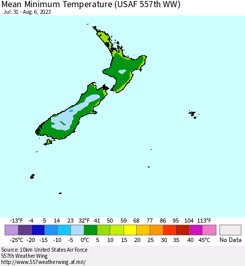 New Zealand Mean Minimum Temperature (USAF 557th WW) Thematic Map For 7/31/2023 - 8/6/2023