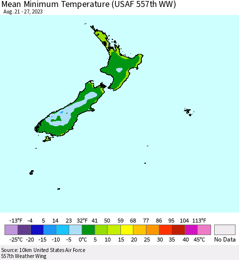 New Zealand Mean Minimum Temperature (USAF 557th WW) Thematic Map For 8/21/2023 - 8/27/2023