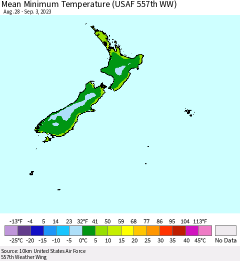 New Zealand Mean Minimum Temperature (USAF 557th WW) Thematic Map For 8/28/2023 - 9/3/2023