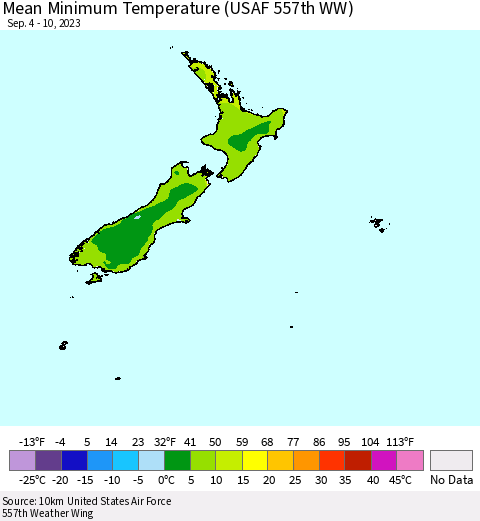 New Zealand Mean Minimum Temperature (USAF 557th WW) Thematic Map For 9/4/2023 - 9/10/2023