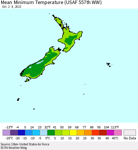 New Zealand Mean Minimum Temperature (USAF 557th WW) Thematic Map For 10/2/2023 - 10/8/2023