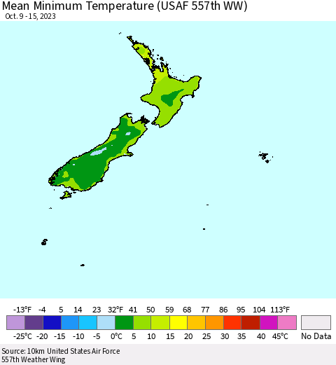 New Zealand Mean Minimum Temperature (USAF 557th WW) Thematic Map For 10/9/2023 - 10/15/2023