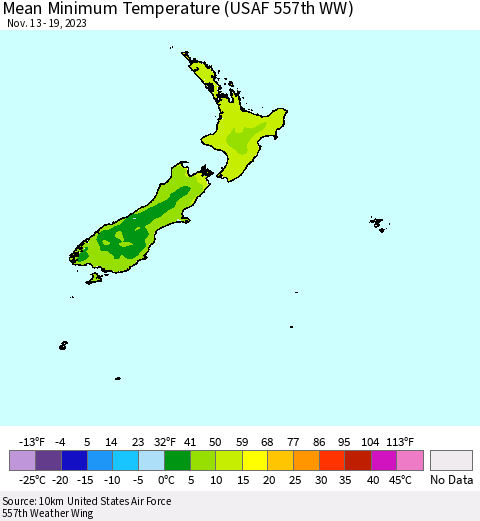 New Zealand Mean Minimum Temperature (USAF 557th WW) Thematic Map For 11/13/2023 - 11/19/2023