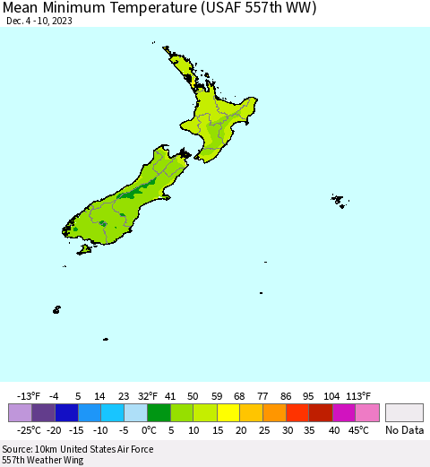 New Zealand Mean Minimum Temperature (USAF 557th WW) Thematic Map For 12/4/2023 - 12/10/2023