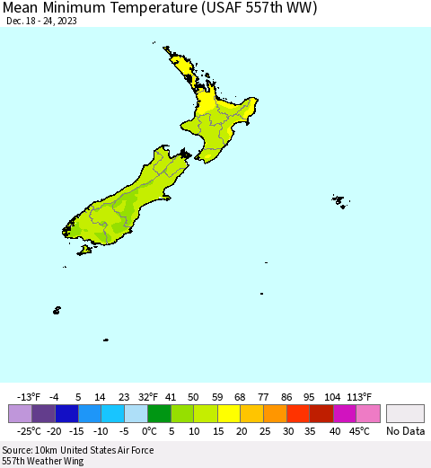 New Zealand Mean Minimum Temperature (USAF 557th WW) Thematic Map For 12/18/2023 - 12/24/2023