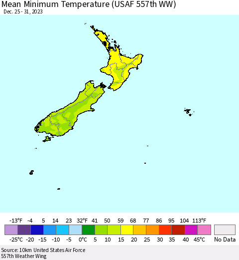 New Zealand Mean Minimum Temperature (USAF 557th WW) Thematic Map For 12/25/2023 - 12/31/2023