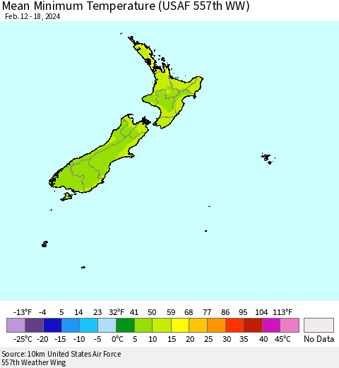 New Zealand Mean Minimum Temperature (USAF 557th WW) Thematic Map For 2/12/2024 - 2/18/2024