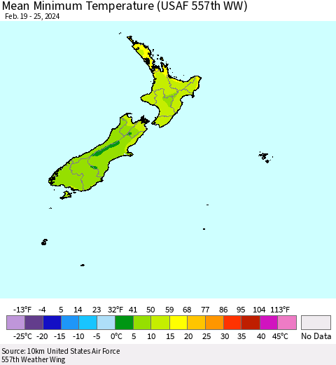 New Zealand Mean Minimum Temperature (USAF 557th WW) Thematic Map For 2/19/2024 - 2/25/2024