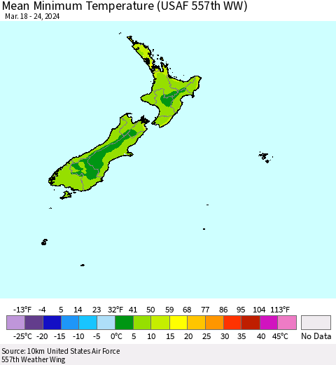 New Zealand Mean Minimum Temperature (USAF 557th WW) Thematic Map For 3/18/2024 - 3/24/2024