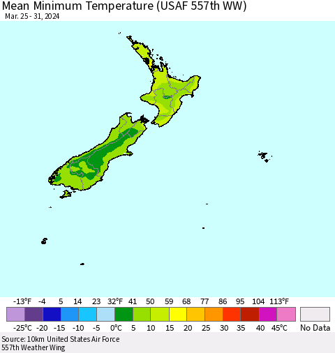New Zealand Mean Minimum Temperature (USAF 557th WW) Thematic Map For 3/25/2024 - 3/31/2024