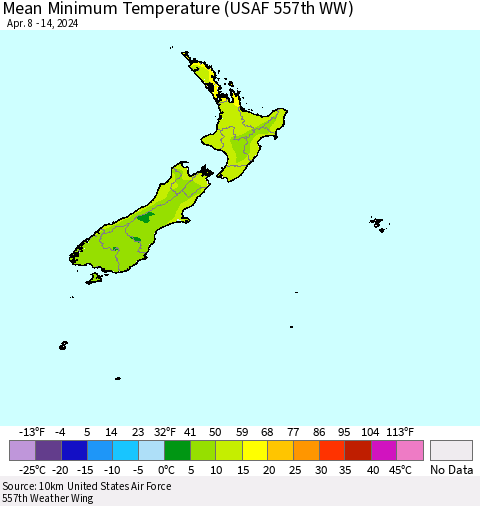 New Zealand Mean Minimum Temperature (USAF 557th WW) Thematic Map For 4/8/2024 - 4/14/2024