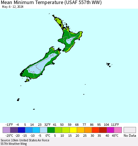 New Zealand Mean Minimum Temperature (USAF 557th WW) Thematic Map For 5/6/2024 - 5/12/2024