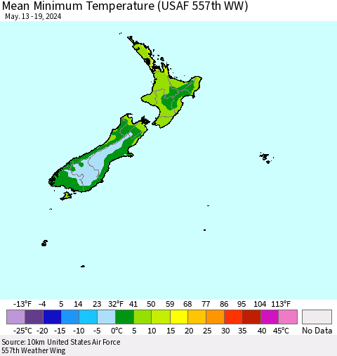 New Zealand Mean Minimum Temperature (USAF 557th WW) Thematic Map For 5/13/2024 - 5/19/2024