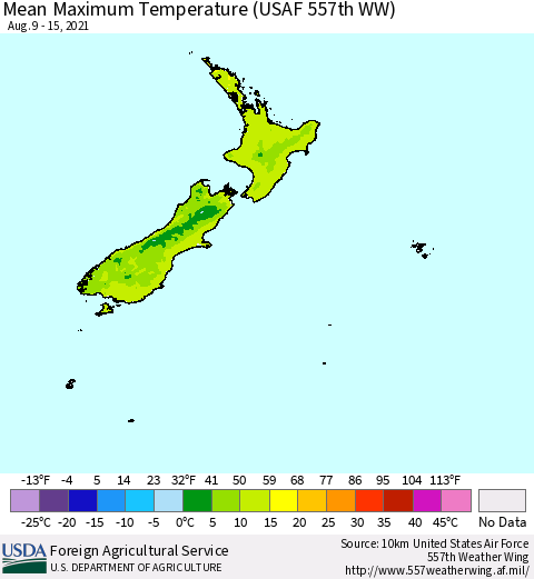 New Zealand Mean Maximum Temperature (USAF 557th WW) Thematic Map For 8/9/2021 - 8/15/2021