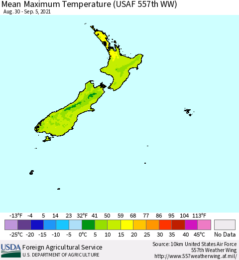 New Zealand Mean Maximum Temperature (USAF 557th WW) Thematic Map For 8/30/2021 - 9/5/2021