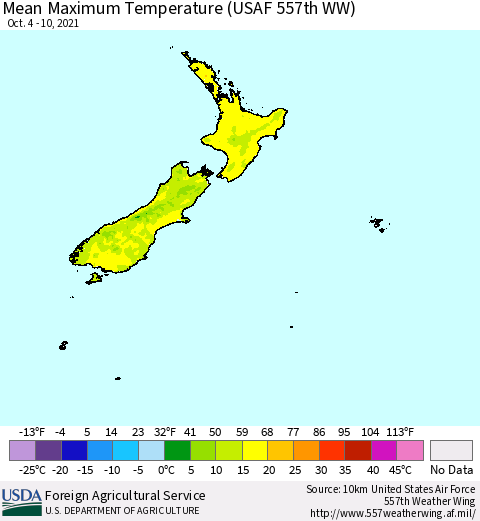 New Zealand Mean Maximum Temperature (USAF 557th WW) Thematic Map For 10/4/2021 - 10/10/2021
