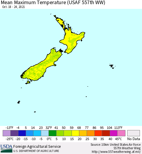 New Zealand Mean Maximum Temperature (USAF 557th WW) Thematic Map For 10/18/2021 - 10/24/2021