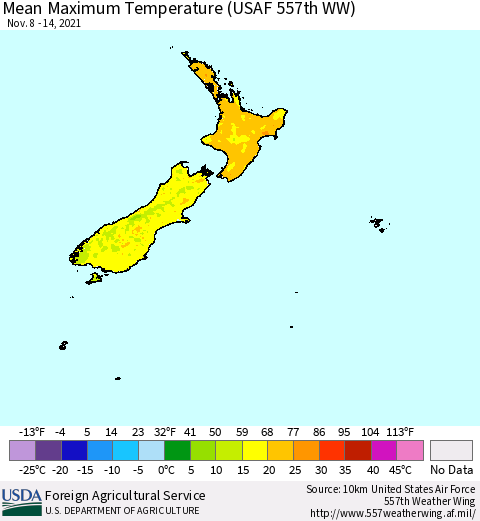 New Zealand Mean Maximum Temperature (USAF 557th WW) Thematic Map For 11/8/2021 - 11/14/2021