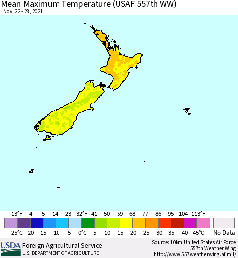 New Zealand Mean Maximum Temperature (USAF 557th WW) Thematic Map For 11/22/2021 - 11/28/2021