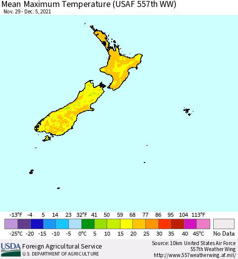 New Zealand Mean Maximum Temperature (USAF 557th WW) Thematic Map For 11/29/2021 - 12/5/2021