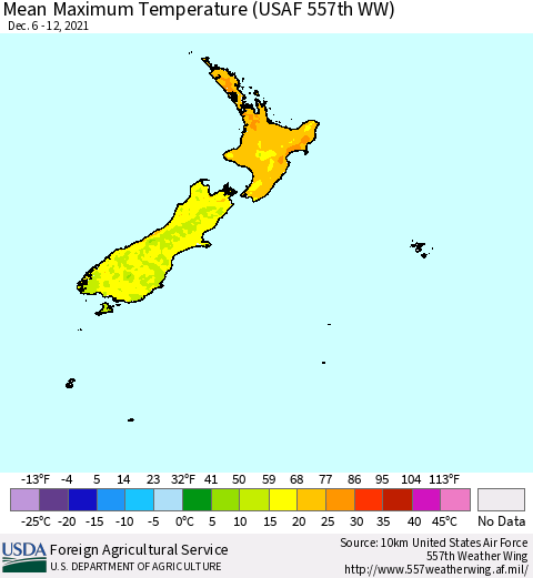 New Zealand Mean Maximum Temperature (USAF 557th WW) Thematic Map For 12/6/2021 - 12/12/2021