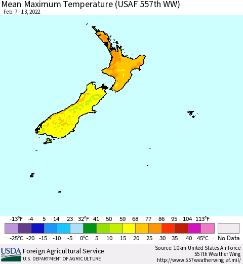 New Zealand Mean Maximum Temperature (USAF 557th WW) Thematic Map For 2/7/2022 - 2/13/2022