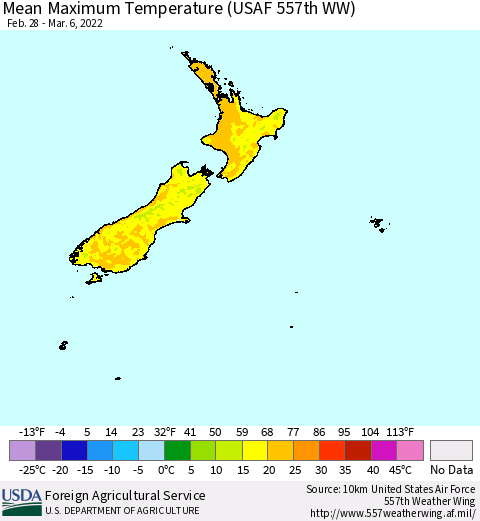 New Zealand Mean Maximum Temperature (USAF 557th WW) Thematic Map For 2/28/2022 - 3/6/2022