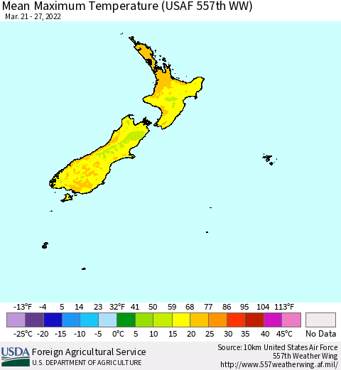 New Zealand Mean Maximum Temperature (USAF 557th WW) Thematic Map For 3/21/2022 - 3/27/2022