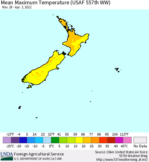 New Zealand Mean Maximum Temperature (USAF 557th WW) Thematic Map For 3/28/2022 - 4/3/2022
