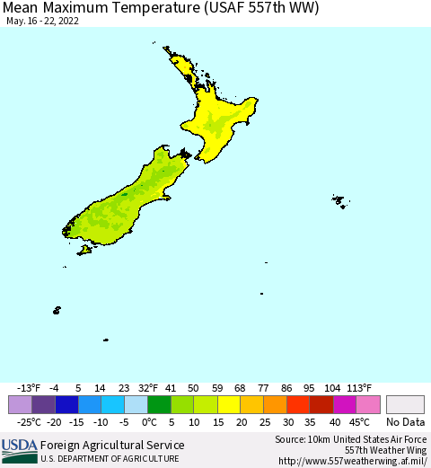 New Zealand Mean Maximum Temperature (USAF 557th WW) Thematic Map For 5/16/2022 - 5/22/2022