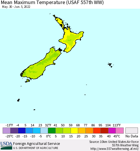 New Zealand Mean Maximum Temperature (USAF 557th WW) Thematic Map For 5/30/2022 - 6/5/2022