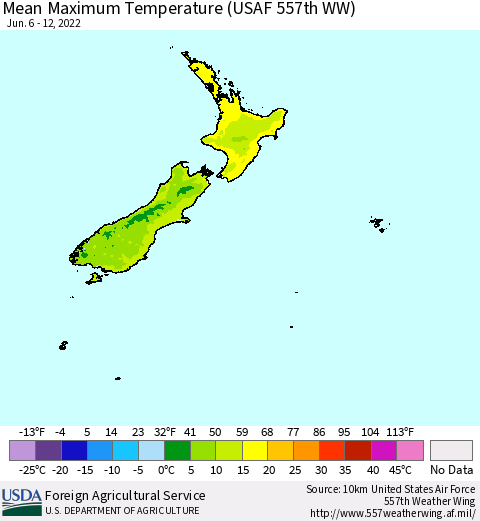 New Zealand Mean Maximum Temperature (USAF 557th WW) Thematic Map For 6/6/2022 - 6/12/2022