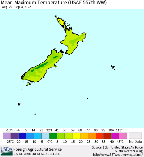 New Zealand Mean Maximum Temperature (USAF 557th WW) Thematic Map For 8/29/2022 - 9/4/2022