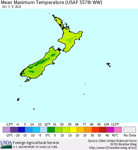 New Zealand Mean Maximum Temperature (USAF 557th WW) Thematic Map For 10/3/2022 - 10/9/2022