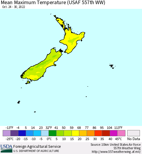 New Zealand Mean Maximum Temperature (USAF 557th WW) Thematic Map For 10/24/2022 - 10/30/2022