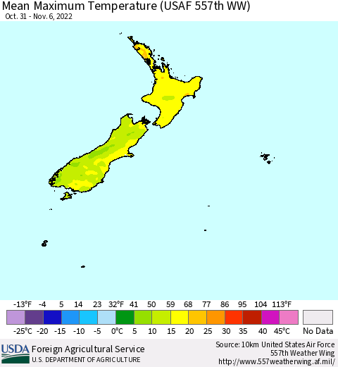 New Zealand Mean Maximum Temperature (USAF 557th WW) Thematic Map For 10/31/2022 - 11/6/2022