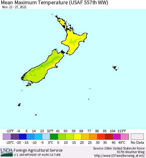 New Zealand Mean Maximum Temperature (USAF 557th WW) Thematic Map For 11/21/2022 - 11/27/2022