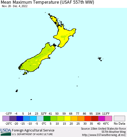 New Zealand Mean Maximum Temperature (USAF 557th WW) Thematic Map For 11/28/2022 - 12/4/2022