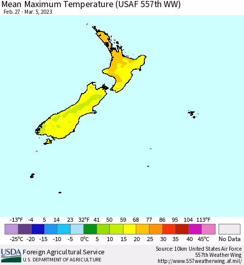 New Zealand Mean Maximum Temperature (USAF 557th WW) Thematic Map For 2/27/2023 - 3/5/2023