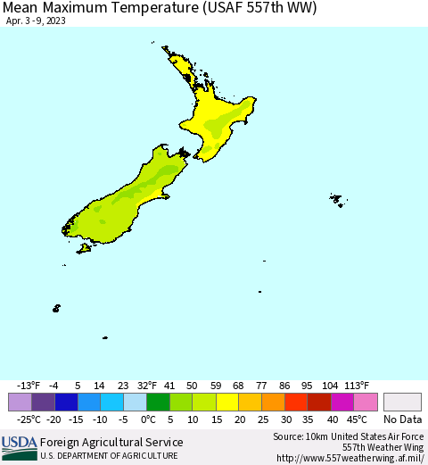 New Zealand Mean Maximum Temperature (USAF 557th WW) Thematic Map For 4/3/2023 - 4/9/2023
