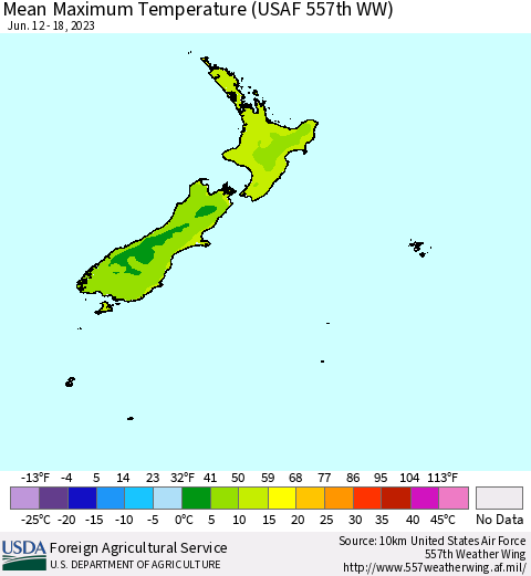 New Zealand Mean Maximum Temperature (USAF 557th WW) Thematic Map For 6/12/2023 - 6/18/2023