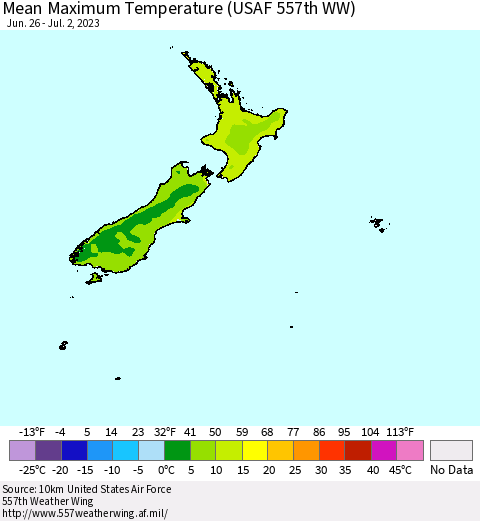 New Zealand Mean Maximum Temperature (USAF 557th WW) Thematic Map For 6/26/2023 - 7/2/2023
